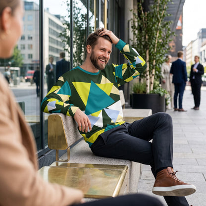 Good Wishes 365 myrtle green recycled sweatshirt with abstract triangle print worn by a man sitting on a city bench