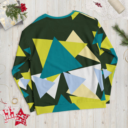 Good Wishes 365 myrtle green recycled sweatshirt with an all-over abstract geometric triangle print in lime and teal.