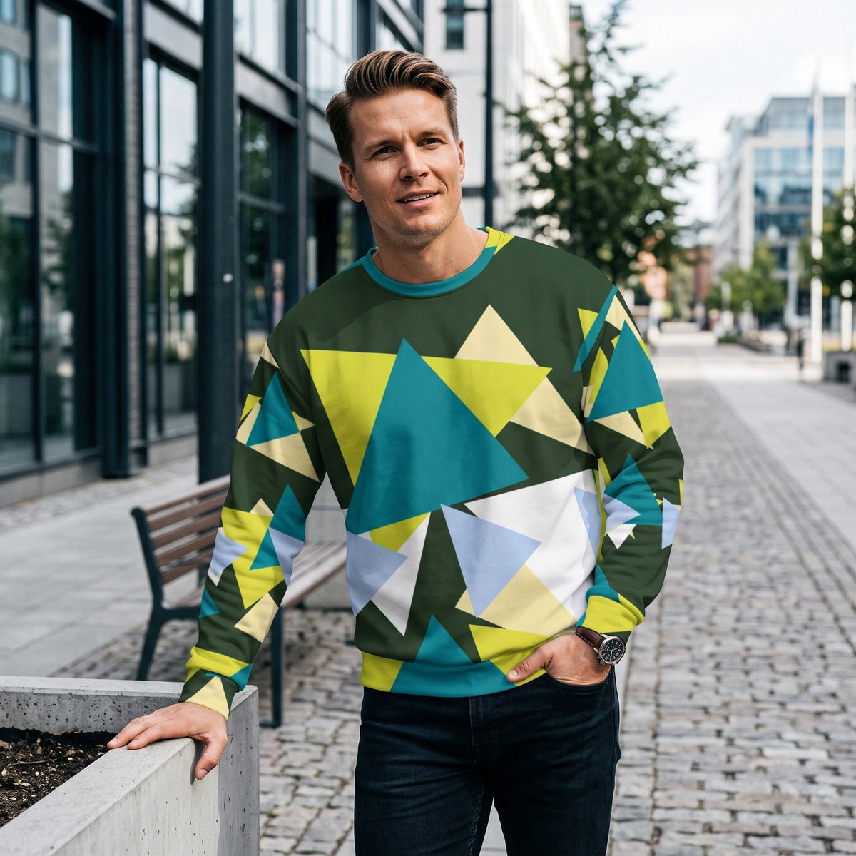 Good Wishes 365 men's myrtle green sweatshirt with an abstract geometric triangle print in lime, teal, and blue.