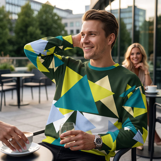 Good Wishes 365 myrtle green recycled sweatshirt with abstract triangle print worn by a smiling man at an outdoor cafe