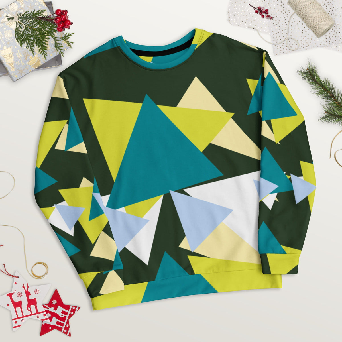 Good Wishes 365 myrtle green sweatshirt with an all-over abstract geometric triangle print in lime, teal, and blue.