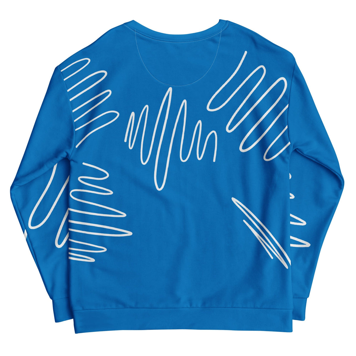 Good Wishes 365 navy blue recycled sweatshirt featuring a white abstract scribble line pattern and crew neck back view