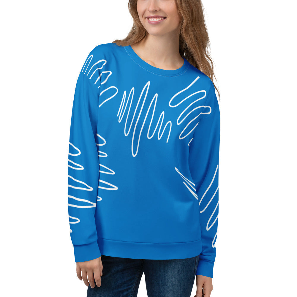 Good Wishes 365 navy blue recycled sweatshirt with white abstract scribble lines and a classic crew neck fit.