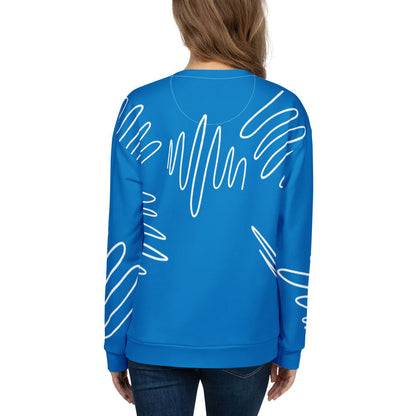 Good Wishes 365 navy blue recycled sweatshirt with white abstract scribble lines, back view on a woman.
