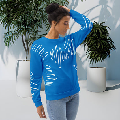 Good Wishes 365 navy blue recycled sweatshirt with white abstract scribble lines worn by a woman with a bun hairstyle.