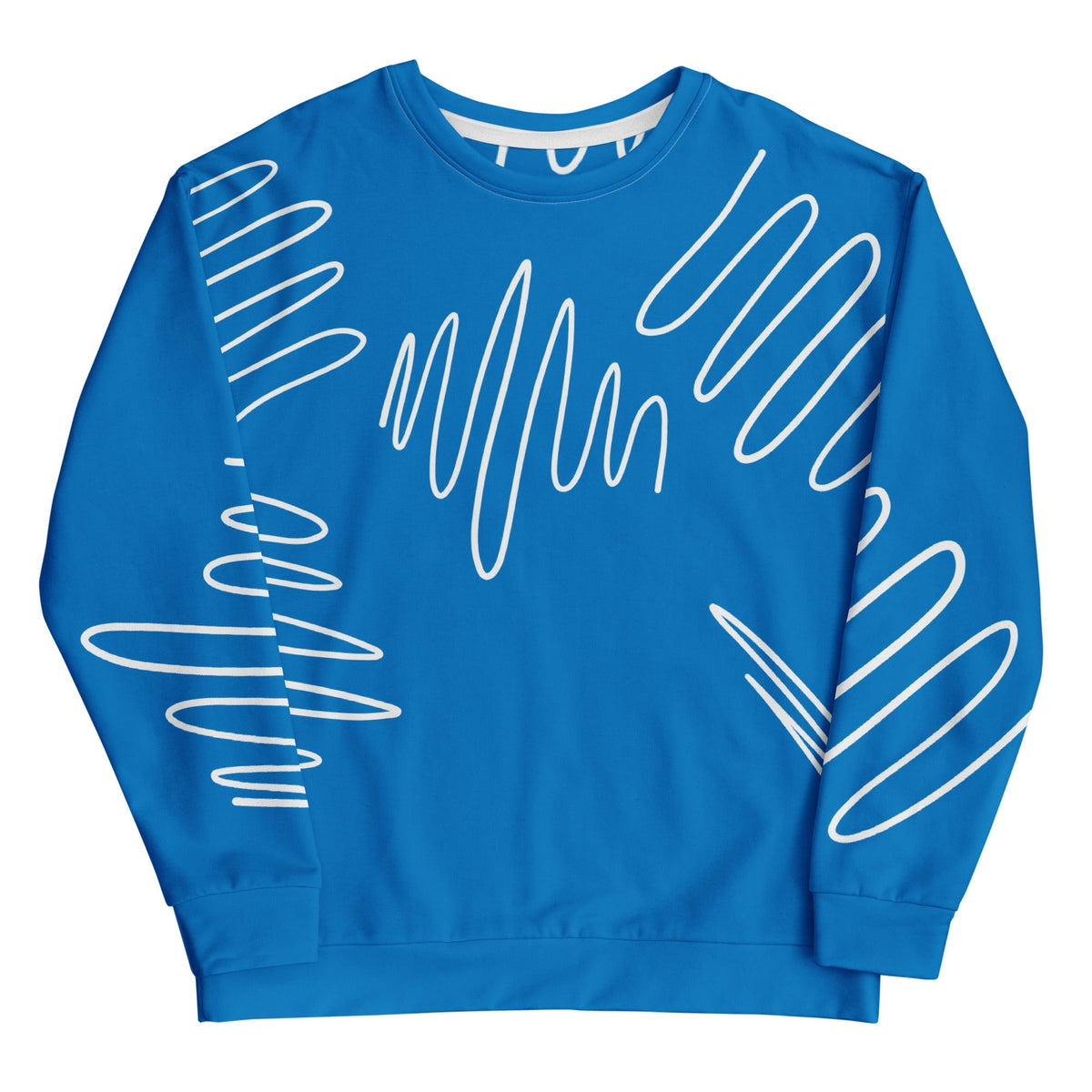 Good Wishes 365 navy blue recycled sweatshirt with white abstract scribble line pattern and crew neck design.