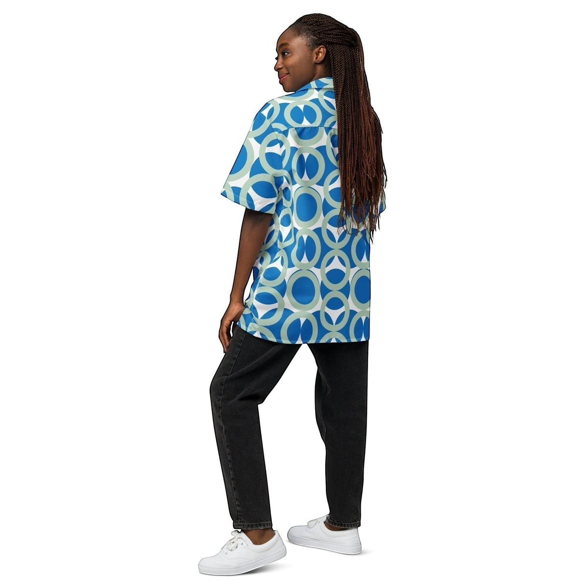 Good Wishes 365 women's navy blue retro geometric print short sleeve button shirt worn with black jeans