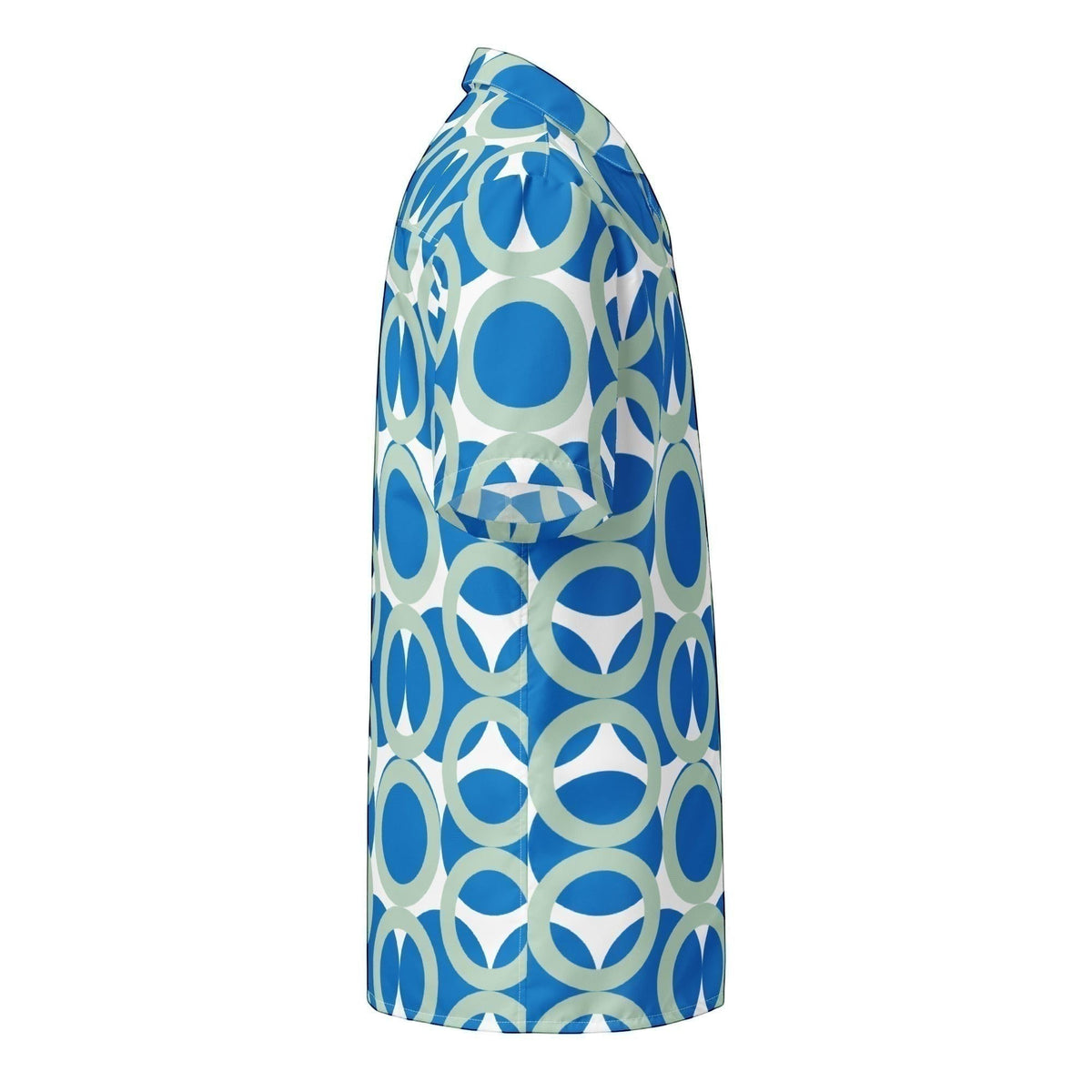 Good Wishes 365 women's navy blue and light blue geometric print short sleeve button shirt with oversized fit.