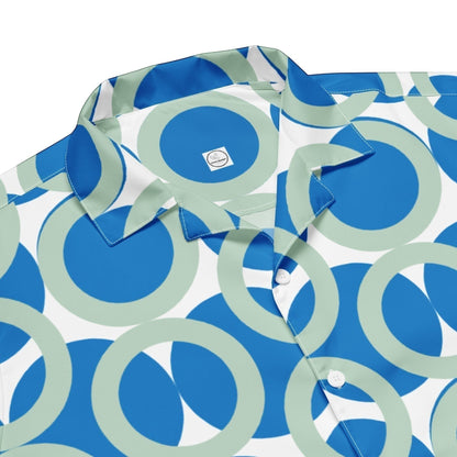 Good Wishes 365 navy blue and light green geometric circle print short sleeve button shirt with a camp collar.