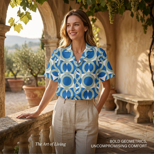 Good Wishes 365 women's navy blue retro geometric short sleeve button shirt with a camp collar on a model outdoors.