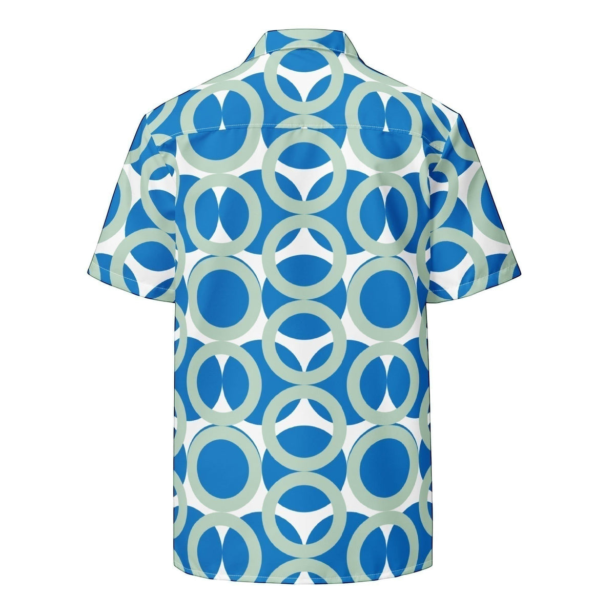 Good Wishes 365 women's navy blue retro geometric print short sleeve button shirt with an oversized fit.