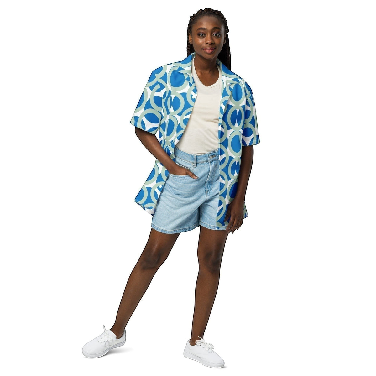 Good Wishes 365 navy blue retro geometric print oversized short sleeve button shirt worn by a model with denim shorts