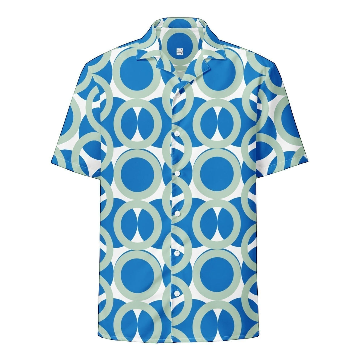Good Wishes 365 navy blue retro geometric print short sleeve button-down shirt with an oversized fit.