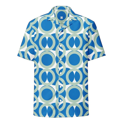 Good Wishes 365 navy blue retro geometric print short sleeve button-down shirt with an oversized fit.