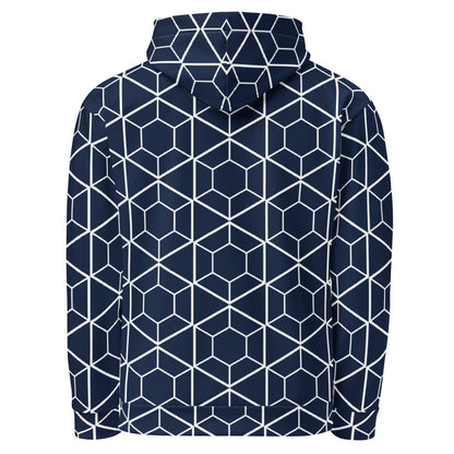 Good Wishes 365 unisex recycled hoodie in navy blue with a white geometric hexagon all-over print, back view.