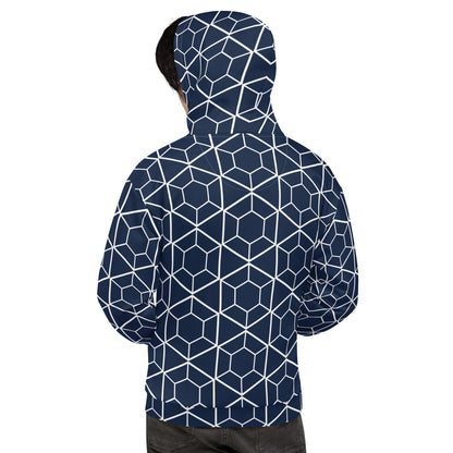 Back view of a Good Wishes 365 unisex hoodie with a navy blue and white geometric hexagon all-over print