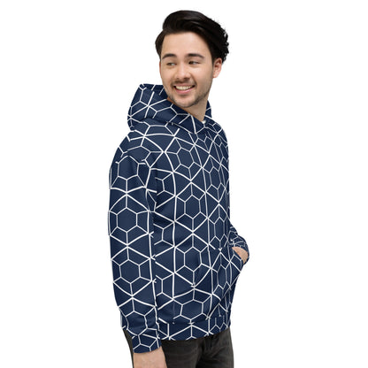 Good Wishes 365 unisex hoodie in navy with a white geometric hexagon print, worn by a man looking to the side.