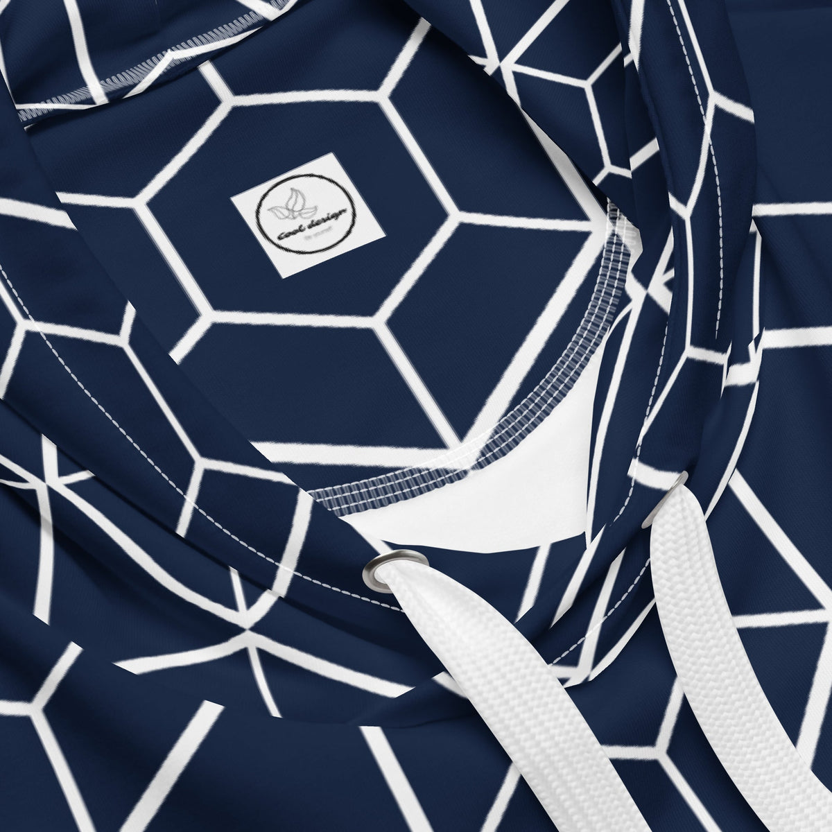Good Wishes 365 navy hoodie with white geometric hexagon print, featuring a cozy hood and white adjustable drawstrings.