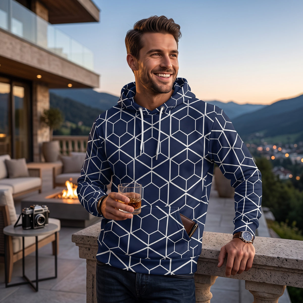 Good Wishes 365 navy hoodie with white geometric hexagon print, featuring a kangaroo pocket and adjustable drawstrings.