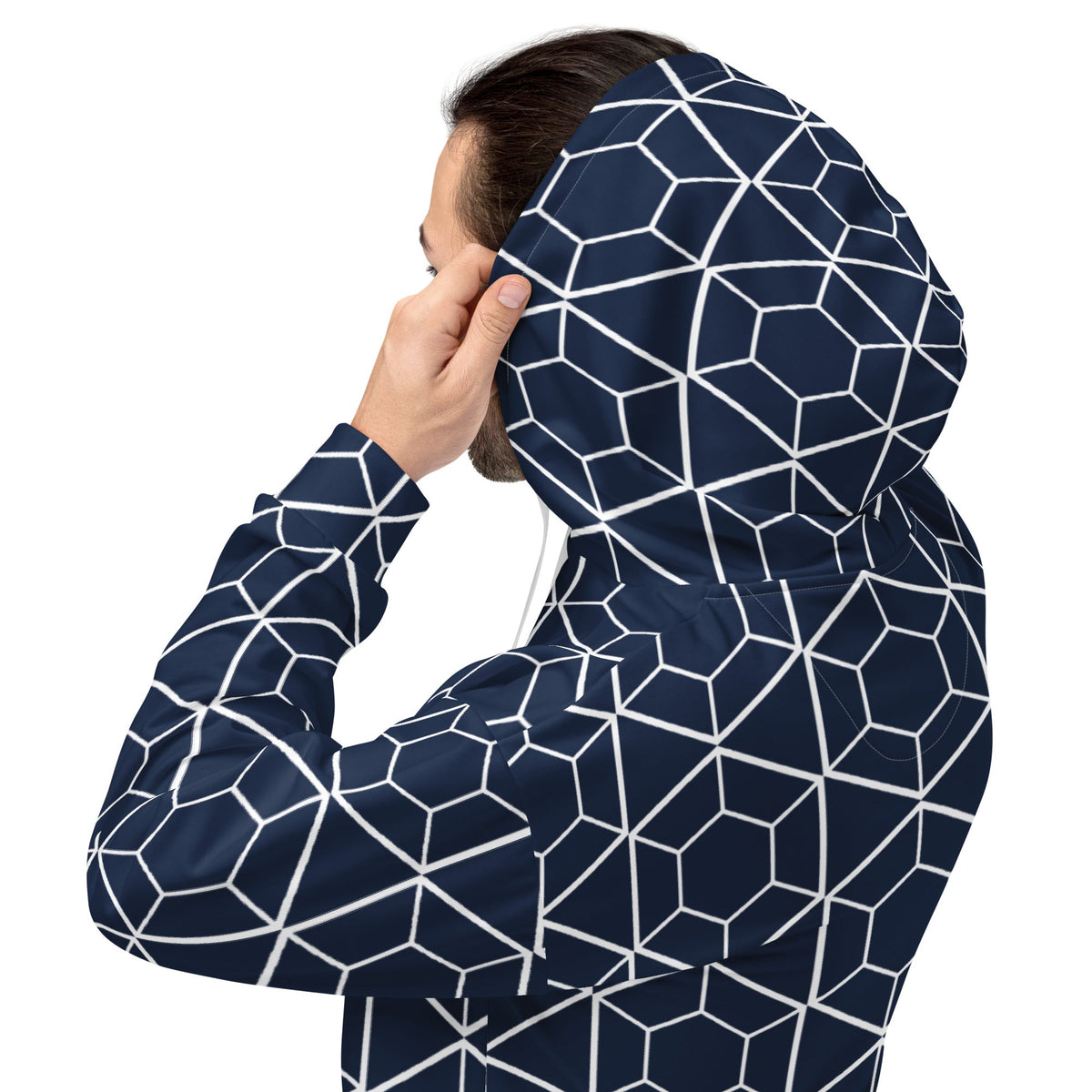 Good Wishes 365 navy recycled unisex hoodie with white geometric hexagon print worn by a man from a side angle