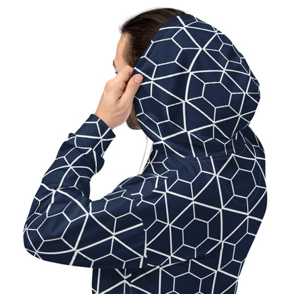 Good Wishes 365 navy recycled unisex hoodie with white geometric hexagon print worn by a man from a side angle