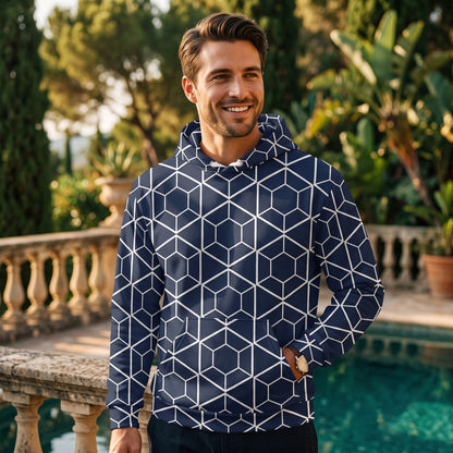 Good Wishes 365 navy recycled hoodie with white geometric hexagon print worn by a man by a pool