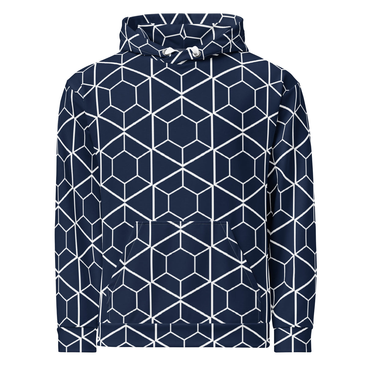 Good Wishes 365 unisex recycled hoodie in navy with a white geometric hexagon all-over print and kangaroo pocket.