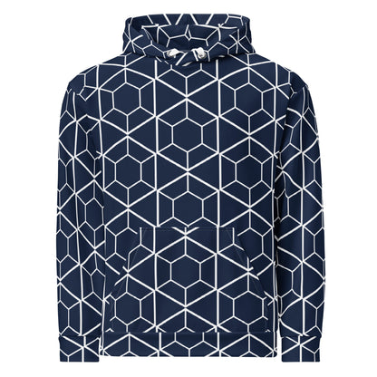 Good Wishes 365 unisex recycled hoodie in navy with a white geometric hexagon all-over print and kangaroo pocket.