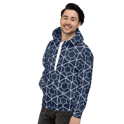 Good Wishes 365 unisex hoodie in navy with a white geometric hexagon print, featuring a kangaroo pocket and hood.
