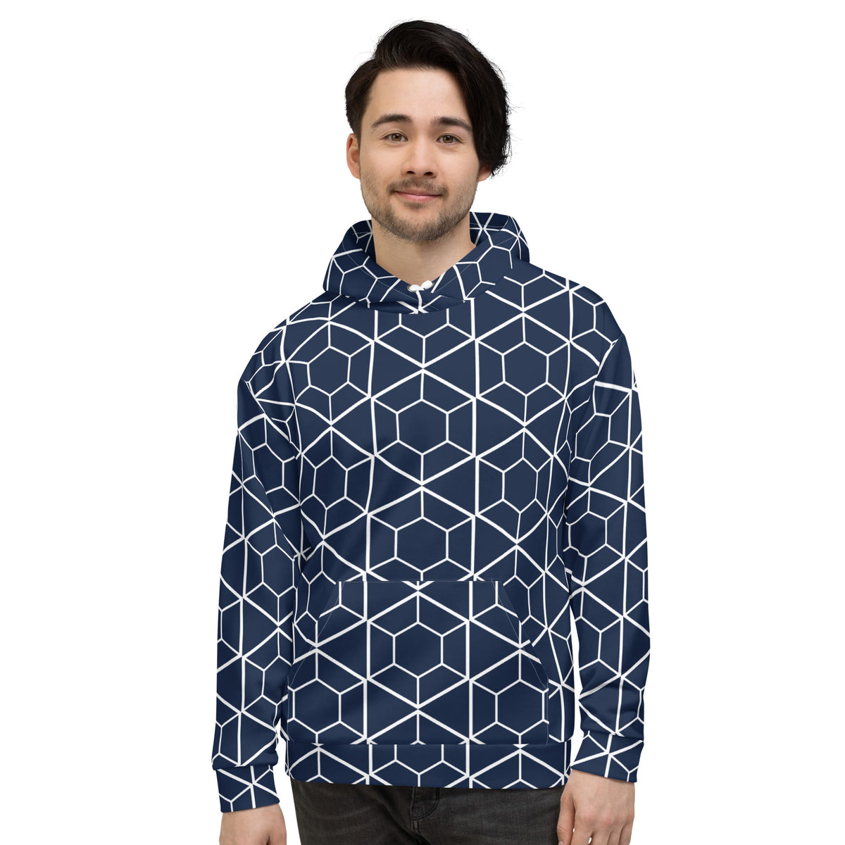 Good Wishes 365 unisex hoodie in navy with a white geometric hexagon print worn by a man against a white background.