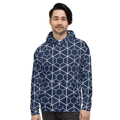 Good Wishes 365 unisex hoodie in navy with a white geometric hexagon print worn by a man against a white background.
