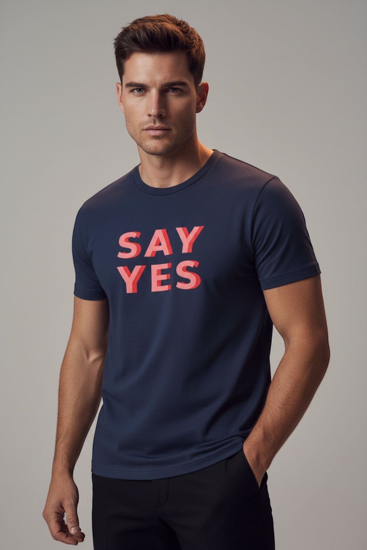 Good Wishes 365 navy blue cotton t-shirt with Say Yes graphic text worn by a male model