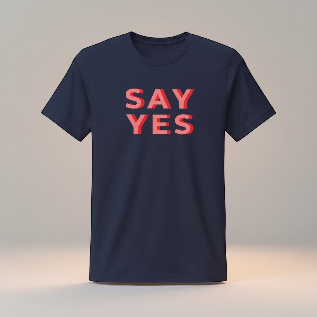 Good Wishes 365 navy blue unisex t-shirt with red and pink "SAY YES" graphic print. 100% cotton.