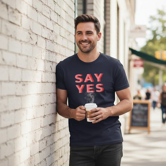 Good Wishes 365 navy blue unisex t-shirt with red and pink 'SAY YES' graphic print. 100% cotton.