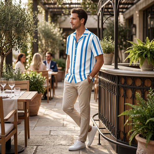 Good Wishes 365 men's navy blue and white vertical striped short sleeve button shirt with an oversized fit.
