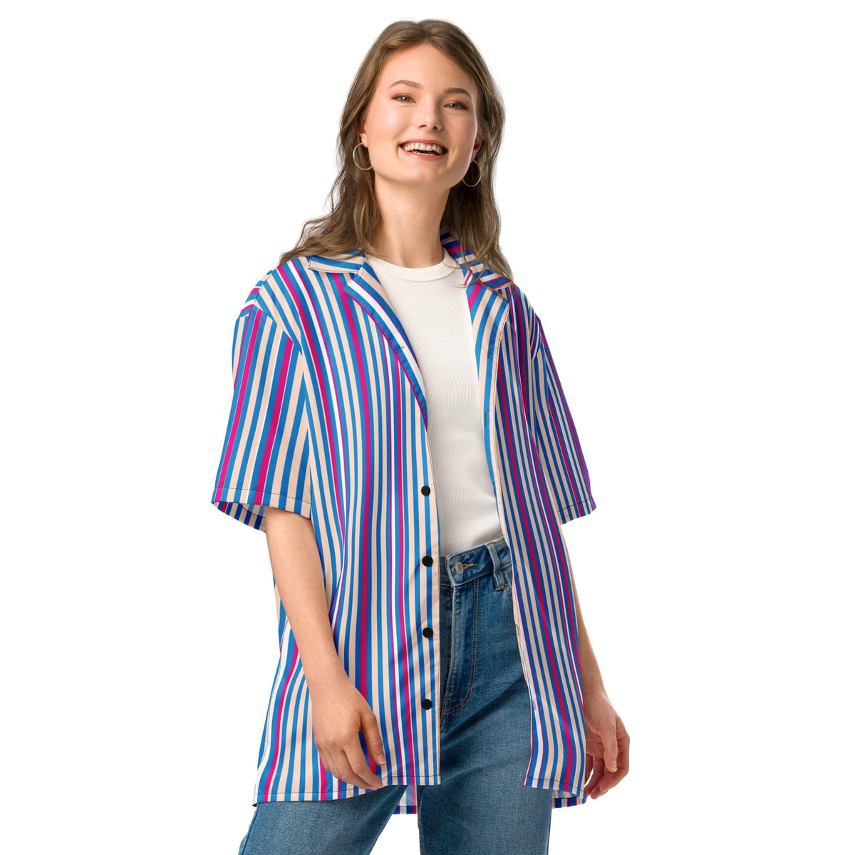 Good Wishes 365 unisex navy blue striped short-sleeve button-down shirt with pink and light blue accents on a model.