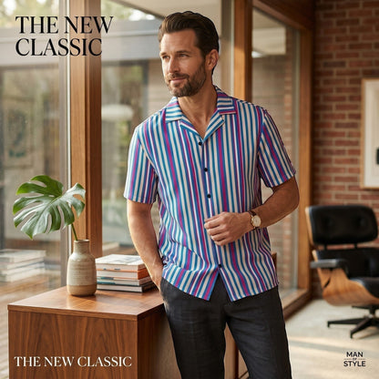 Good Wishes 365 navy blue striped short sleeve button shirt with magenta and white accents on a man in a modern room.