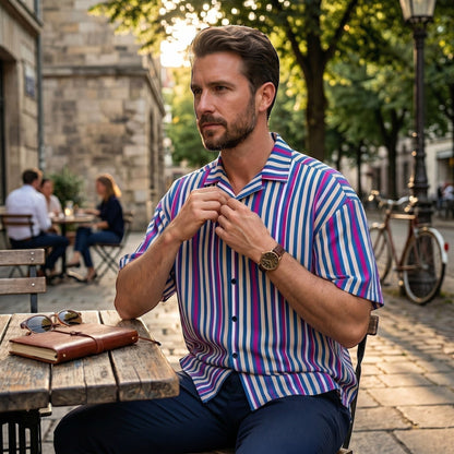 Good Wishes 365 navy blue striped short sleeve button shirt with magenta and white accents on a man at a cafe