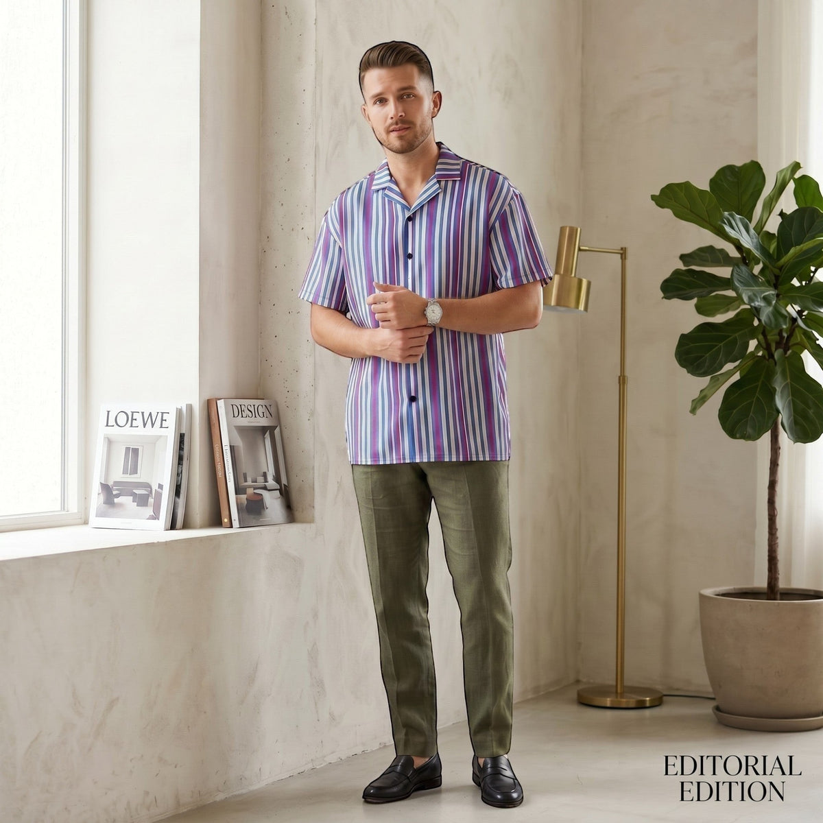 Good Wishes 365 navy blue striped short sleeve button shirt with magenta accents worn by a man in a modern room