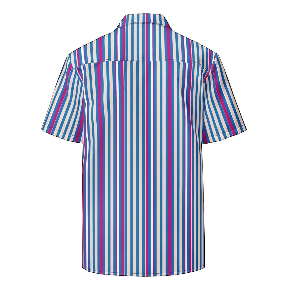 Good Wishes 365 navy blue striped short sleeve button shirt with magenta and white vertical stripes, back view.