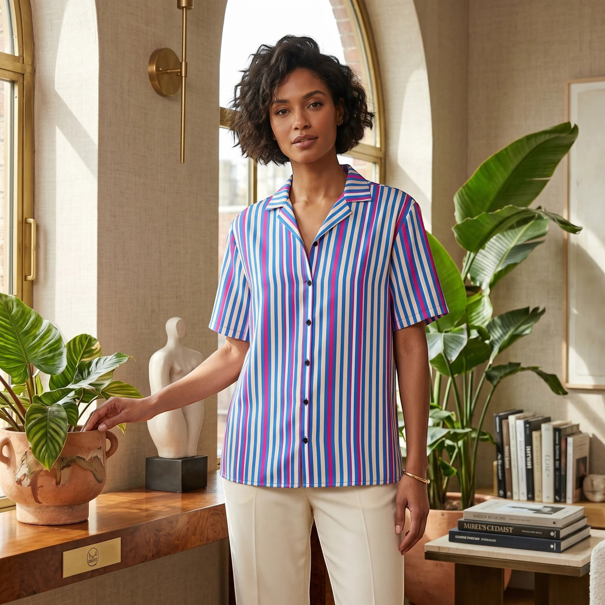 Good Wishes 365 unisex short sleeve button shirt with navy, pink, and light blue vertical stripes in a relaxed fit.