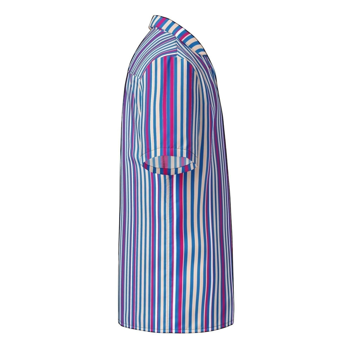 Good Wishes 365 navy blue striped short sleeve button shirt with magenta and white vertical stripes, side view.