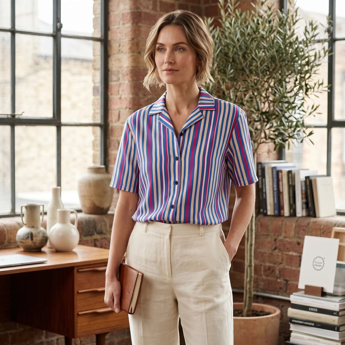 Good Wishes 365 navy blue striped short sleeve button shirt with pink and light blue accents worn by a woman.