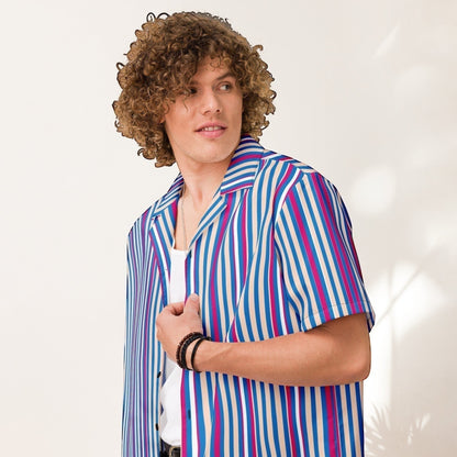 Good Wishes 365 navy blue striped short sleeve button shirt with magenta and white accents on a curly-haired model.