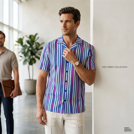 Good Wishes 365 navy blue striped short sleeve button shirt with magenta and white accents on a man in a bright room