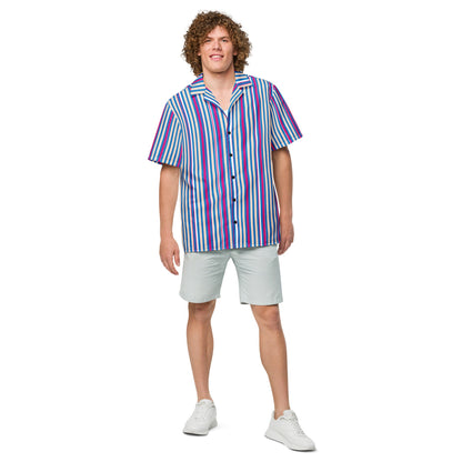 Good Wishes 365 navy blue striped short sleeve button shirt with magenta and white accents on a curly-haired model.