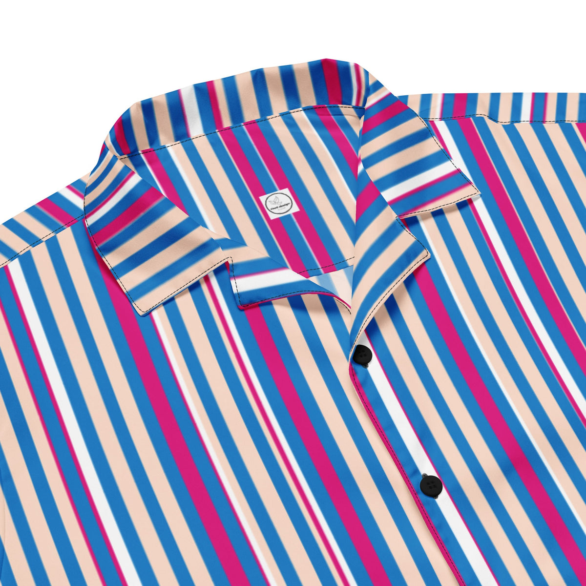 Good Wishes 365 navy blue short sleeve button shirt with vertical magenta, white, and light blue stripes