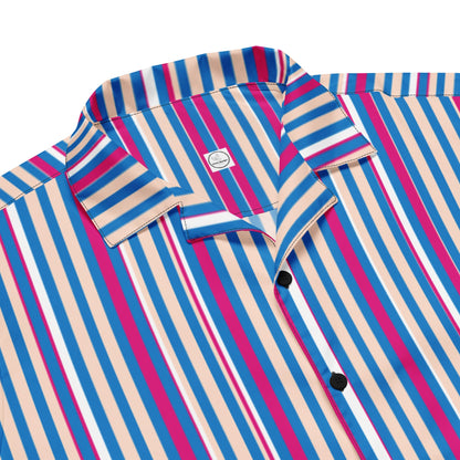 Good Wishes 365 navy blue short sleeve button shirt with vertical magenta, white, and light blue stripes