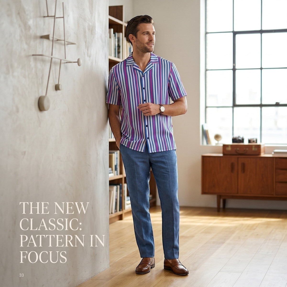 Good Wishes 365 navy blue striped short sleeve button shirt with magenta accents worn by a man in a modern room