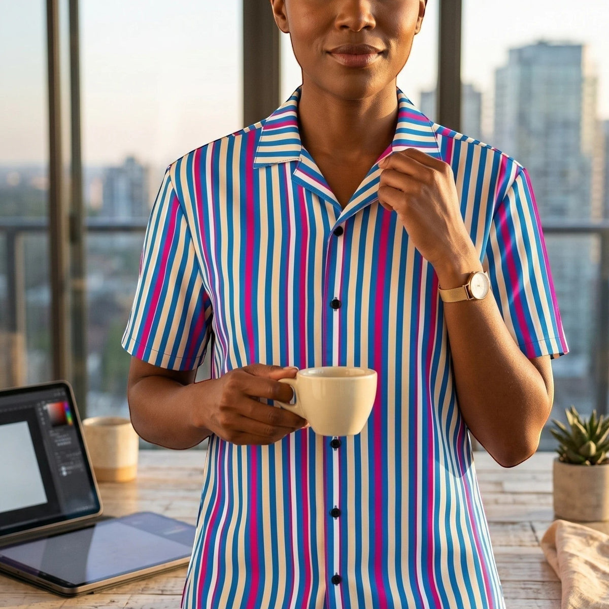Good Wishes 365 navy blue striped short sleeve button shirt with magenta and white accents on a person holding a mug